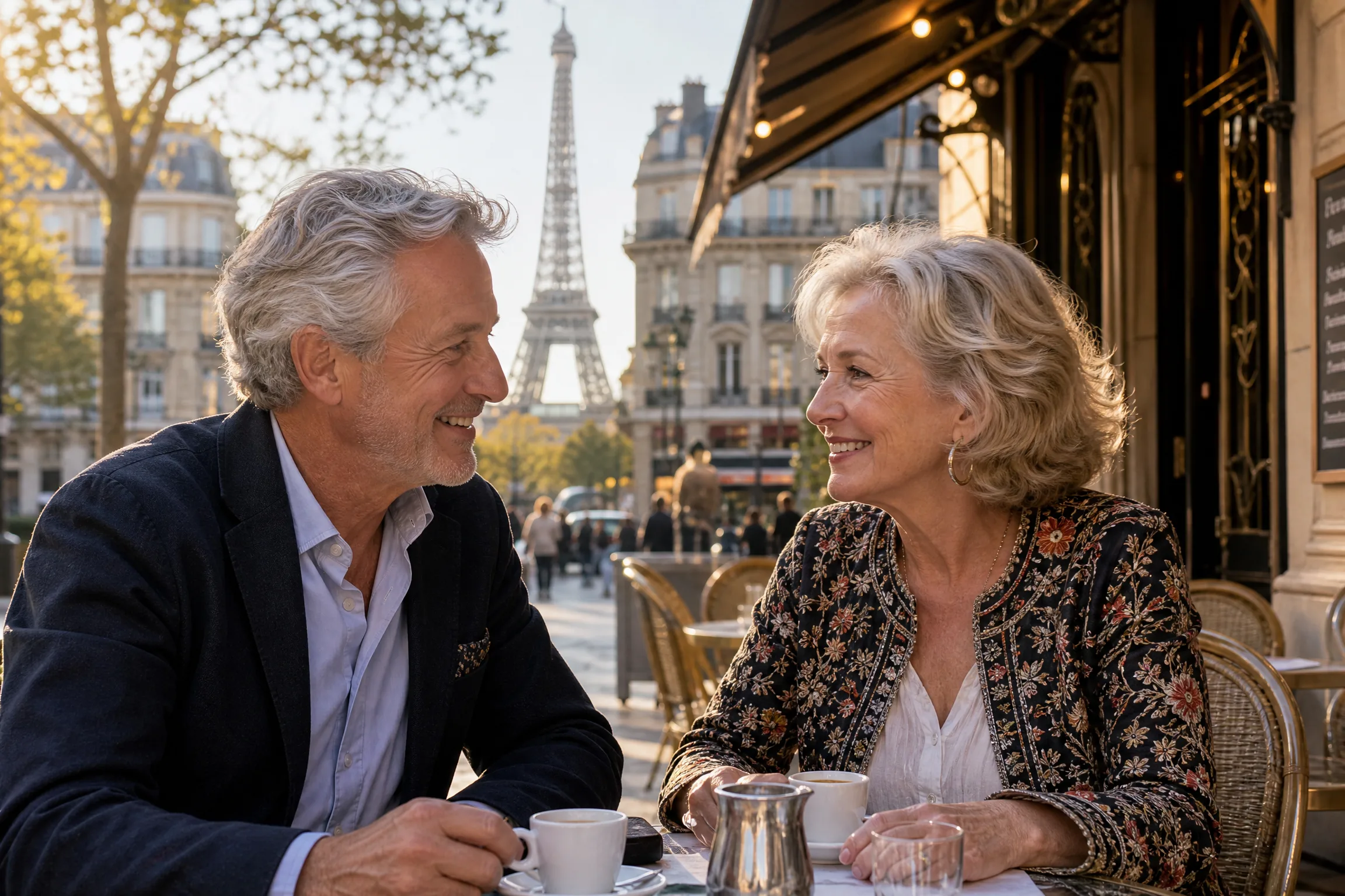 Couple senior complice lors d'un premier rendez-vous réussi en terrasse