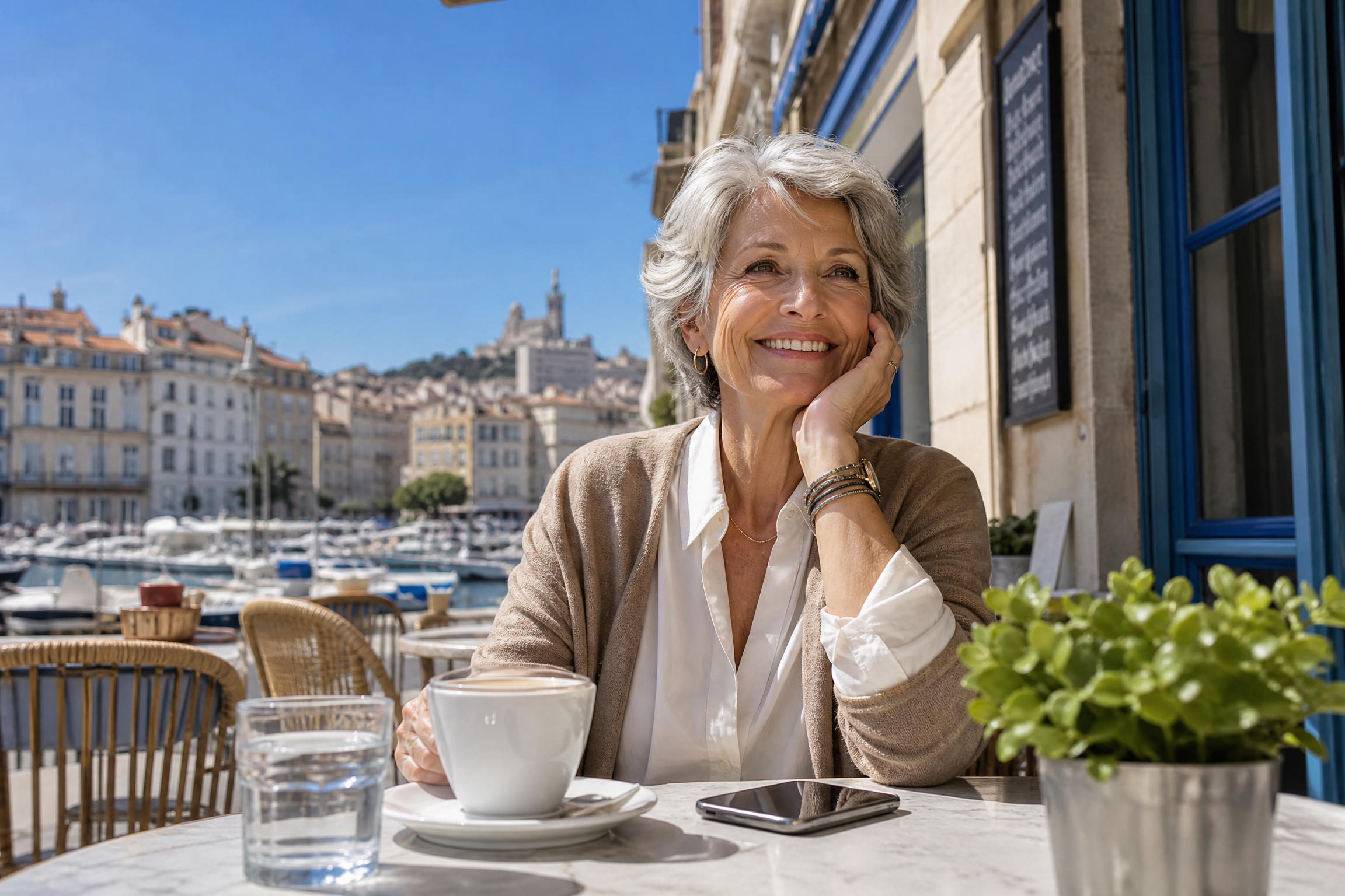 Senior souriante à la terrasse d'un café face au Vieux-Port de Marseille