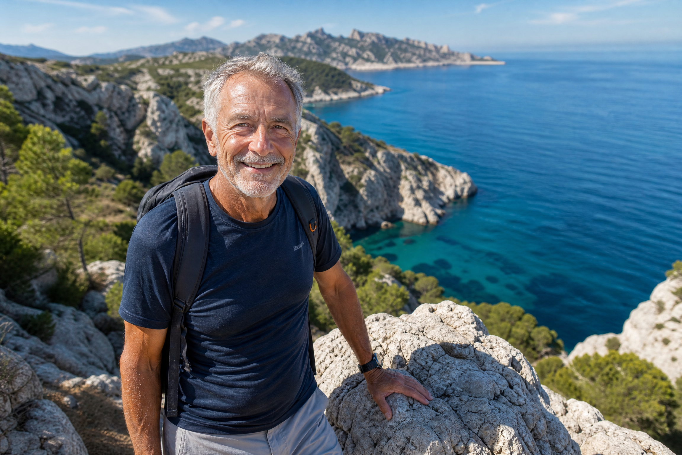 Senior en randonnée sur les falaises des Calanques de Marseille avec vue sur la mer turquoise